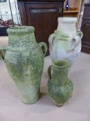 Pair of Four handled Terracotta pots of tapering form along with a single handled terracotta jug.