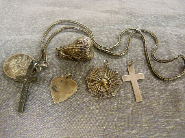 Pendants - Hallmarked 'Silver' plain cross, Silver filigree spiders web with spider to middle,