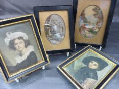 Two miniature portraits on silk of a young girl and boy in black and Gilt frames along with two