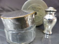 Hallmarked silver Pepperette shaker and a silverplate topped dressing table jar along with a West