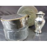 Hallmarked silver Pepperette shaker and a silverplate topped dressing table jar along with a West