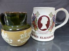 Dewars Whisky Lambeth jugs by Doulton and decorated in white relief along with a Silver jubilee