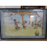 Large oriental japanese relief work picture of ladies dancing in Lavish Dressed. Oriental birds