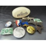 Two commemorative badges (1 set on blue ribbon), RAF lacquered badge, another Flight badge in the