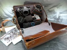 Pentax MG Vintage camera in vintage case along with various parts - Pentax Skylight lense, Hoya