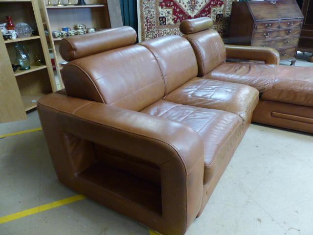 Tan leather three seater sofa with Chaise end by Denelli Italia - Image 3 of 6