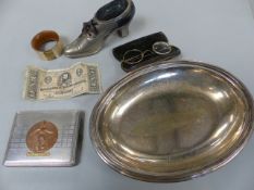 Victorian cased glasses, pin cushion in the form of a shoes, compact and a Confederate 1 Dollar