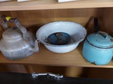 Judgeware blue enamel cooking pot, enamel mixing bowl, enamel candlestick holder and a galvanised