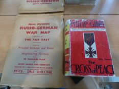 Russo-German War map with the inset of The Far East with 80 coloured flags along with a book on
