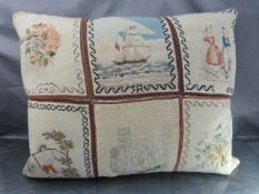 Unusual needlepoint cushion. Split into six panels the intricate handsewn panels possibly in