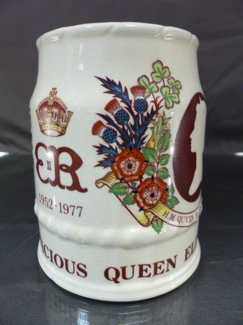 Dewars Whisky Lambeth jugs by Doulton and decorated in white relief along with a Silver jubilee - Image 5 of 6