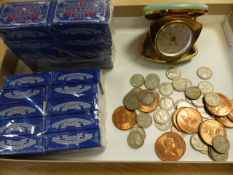 Lot compromising a WestClox travel clock, collection of coins and two lots of matches