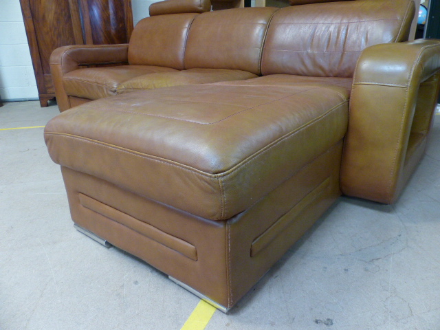Tan leather three seater sofa with Chaise end by Denelli Italia - Image 2 of 6