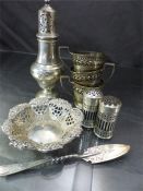 Collection of hallmarked silver items to include Sugar sifter (S Blanckensee & Son Ltd 1914) a