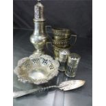 Collection of hallmarked silver items to include Sugar sifter (S Blanckensee & Son Ltd 1914) a