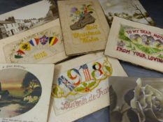 Four Victorian hand stitched postcards and Four others. 1 depicting the WW1 countries at War,