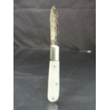 Hallmarked silver fruitknife with engraved M.O.P handle. Hallmarks for Henry Williamson Ltd