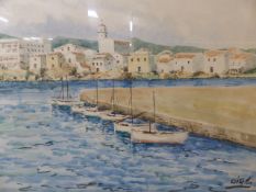 Watercolour signed Diaz of Mediterranean harbour scene