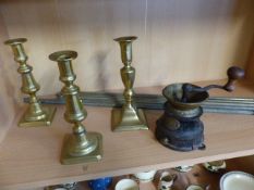 A. Kenrick and Sons Patent Coffee Mill along with Brass candle sticks and Stair Rods