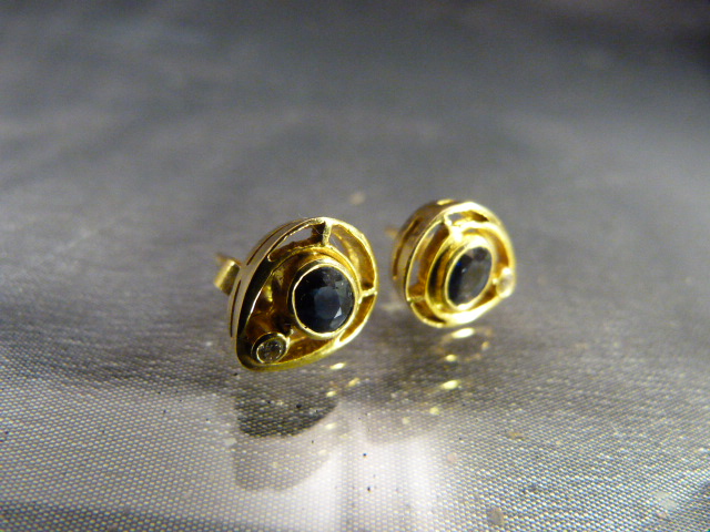 Pair of 18ct Gold earrings set with a single sapphire and Diamond - - Image 2 of 3