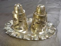 Mexican Silver Overlay pepper and salt shakers with matching tray