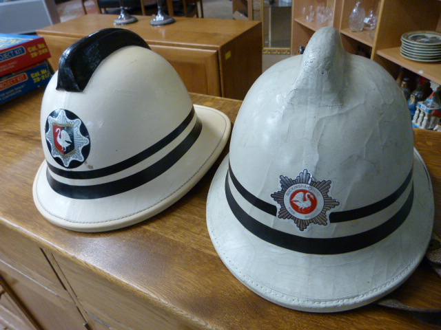 Pair of White Leather clad fire Brigade helmets - Image 3 of 7