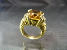 High Carat gold (18ct or above) Ladies dress ring Large Citrine Stone with three Diamonds to each