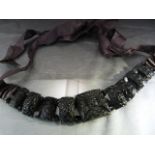 Ladies Jet Victorian belt with ribbon. Four rectangular carved beads separated by circular beads