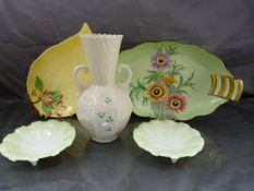 Modern Belleek twin handled vase with fluted neck (Green stamp) Pair of Royal Worcester tri-legged