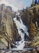 JOHN MUIRHEAD C.E., F.R.AeS. Oil on canvas of a welsh scene 'Ogwen Falls' Signed in red Lower right.