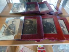 Four Prewar framed photographs of soldiers in Red Leather Victorian frames. (1 frame silverplated)