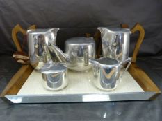 Picquot Ware - Six piece stainless steel and teak handled coffee and tea service on original tray.