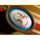 Victorian fine painted portrait of a Lady on china and mounted in a brass frame