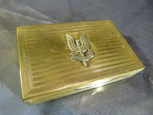 Brass Snuff/Cigarette case with mounted hat pin 'Who Dares Win' (SAS) with engine turned