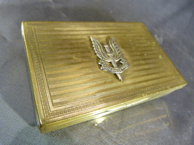 Brass Snuff/Cigarette case with mounted hat pin 'Who Dares Win' (SAS) with engine turned - Image 4 of 4