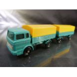 Matchbox Series Mercedes Truck and Mercedes Trailer in teal and orange. No.1 and No.2 (no boxes in