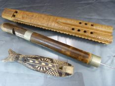 Swanee Whistle and two carved flutes