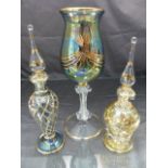 Three pieces of Egyptian Gilded Glassware to include two scent bottles of Irridescent colours and