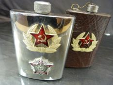 Two Russian Hip Flasks marked with the Hammer and Sycle. Marked to bases Pocona and one other