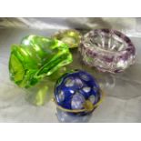 Murano Glass Ashtray in green and a Murano purple swirled bowl and a Bristol style blue and clear