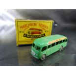 Moko Lesney Matchbox series no.21 Bedford Coach. Vehical in good condition. Box ends damaged.