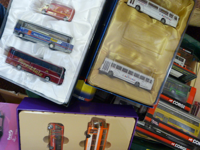 Large collection of mostly boxed Corgi vehicles (majority Buses) in varying condition.
