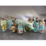 Celadon Water Buffalo and a collection of oriental figures (2 A/F)