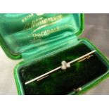 15ct Gold Trilogy Diamond bar brooch. 3 approx 0.10pt Old Mine Cut Diamonds set on an approx 1.