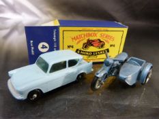 Lesney Matchbox No.7 Ford Anglia and a Moko Lesney Triumph 110 and Sidecar No.4 in reproduction