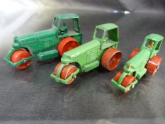 Two Original Moko Lesney Diesel Road Rollers with Red Metal Wheels and Another Matchbox roller