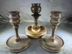 Pair of Georgian Turned mahogany candlesticks and one other example