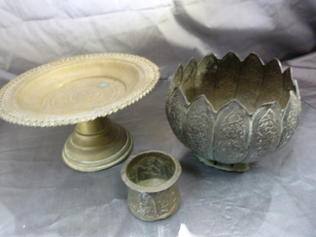 Oriental metal Tazza, Early oriental beaker and an oriental vase on splayed base