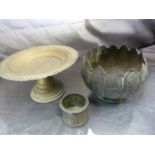 Oriental metal Tazza, Early oriental beaker and an oriental vase on splayed base