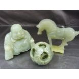 Jade collectables. Tang Dynasty style jade horse, Jade Buddha and a Jade Trinket piece.